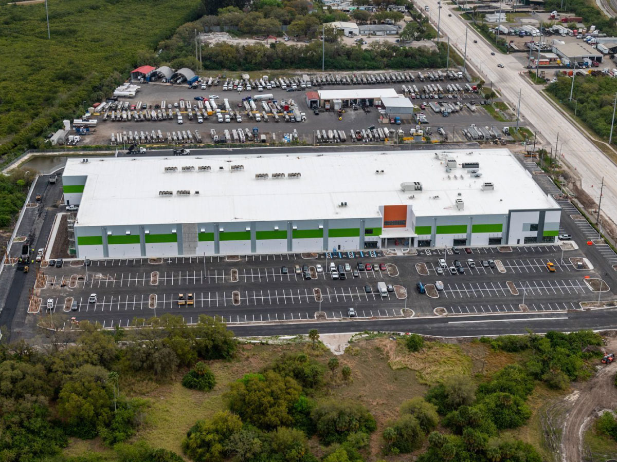 An aerial view of the Causeway Center and parking lot.